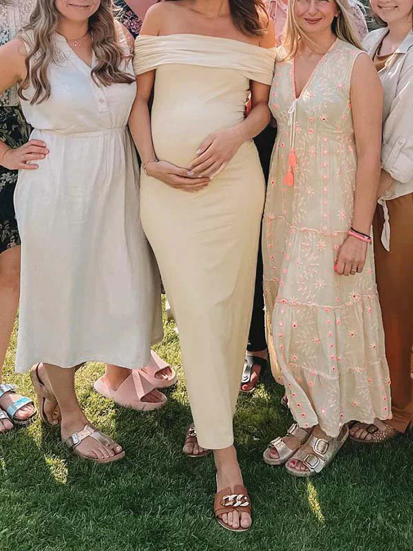 Momsmood Beige Off Shoulder Ruched Back Slit Bodycon Elegant Baby Shower Maternity Maxi Dress