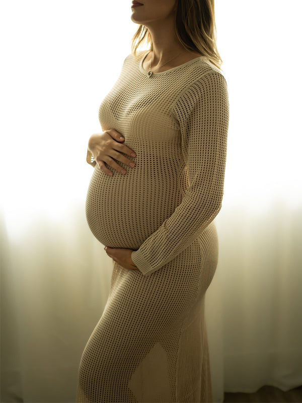 Momsmood Beige Back Tie Knit Cut Out Flare Sleeve Elegant Photoshoot Baby Shower Maternity Maxi Dress