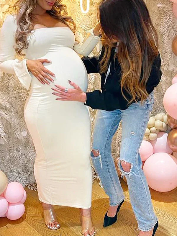 Momsmood Elegant Long Sleeve Maternity Dress Ultimate Baby Shower Outfit White Bodycon Dress to Embrace Your Bump