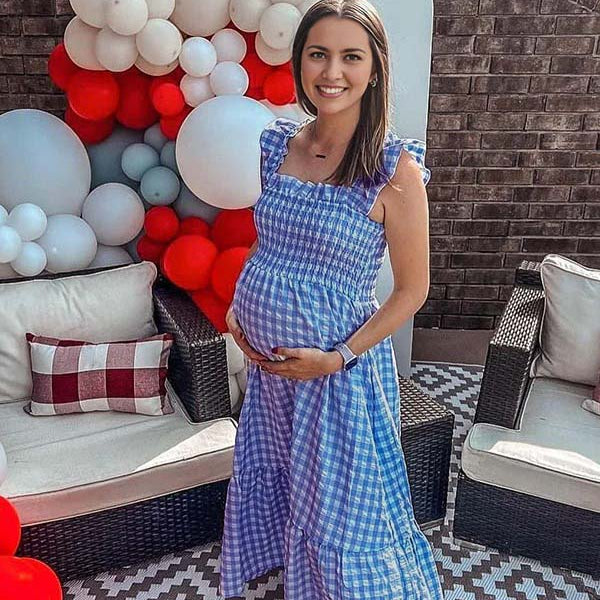 Momsmood Blue Plaid Smocked Ruffle Falbala Square Neck Big Swing Elegant Maternity Baby Shower Maxi Dress
