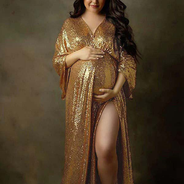 Momsmood Golden Sparkly Sequin Side Slit Flare Sleeve Elegant Evening Gown Maternity Photoshoot Party Maxi Dress