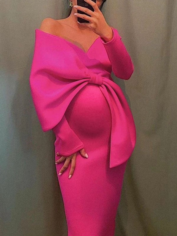 Momsmood Hot Pink Off Shoulder Irregular Ruffle Bowknot V-Neck Long Sleeve Slit Bodycon Party Baby Shower Plus Size Maternity Maxi Dress