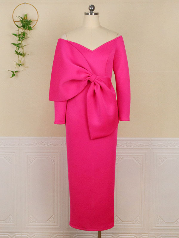 Momsmood Hot Pink Off Shoulder Irregular Ruffle Bowknot V-Neck Long Sleeve Slit Bodycon Party Baby Shower Plus Size Maternity Maxi Dress