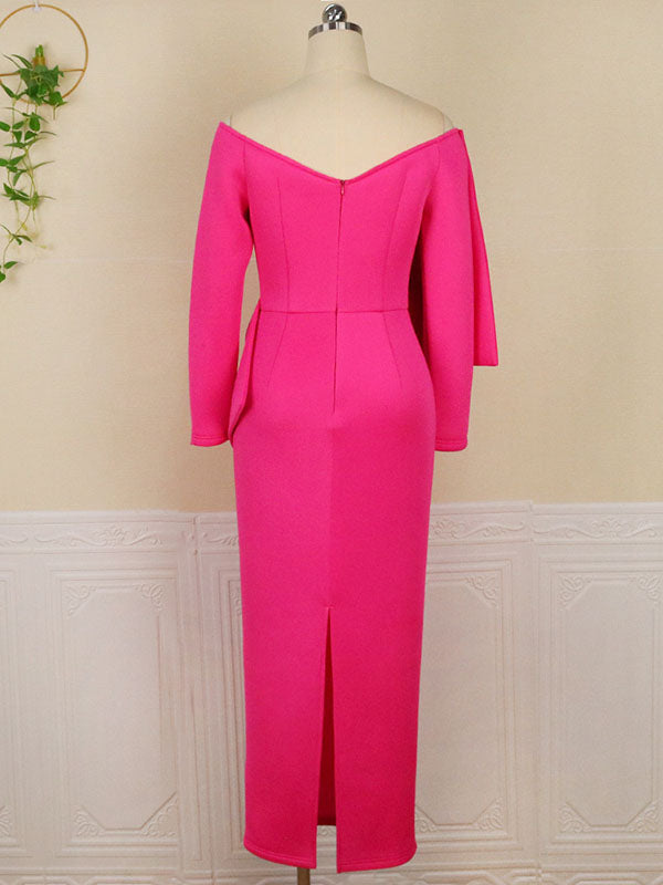Momsmood Hot Pink Off Shoulder Irregular Ruffle Bowknot V-Neck Long Sleeve Slit Bodycon Party Baby Shower Plus Size Maternity Maxi Dress