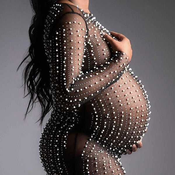 Momsmood Mesh Solid Color Beading Pearl Rhinestone Long Sleeve Cover-ups Side Slit Photoshoot Maternity Maxi Dress