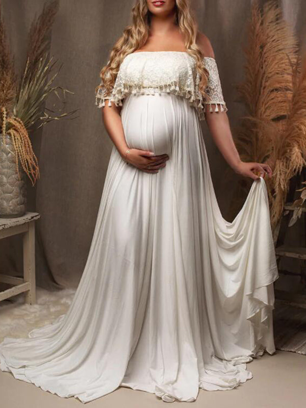 Momsmood Patchwork Lace Tassel Slit Photoshoot Pregnant Maternity Maxi Dress