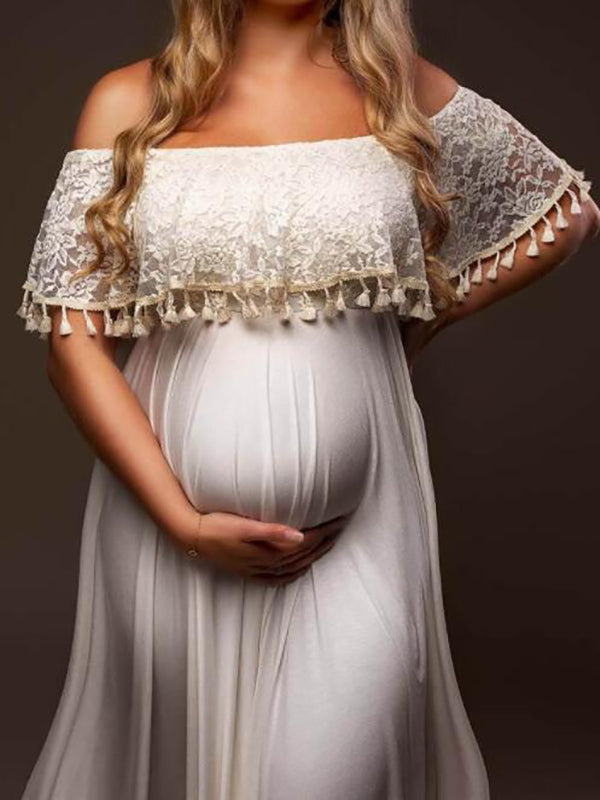 Momsmood Patchwork Lace Tassel Slit Photoshoot Pregnant Maternity Maxi Dress