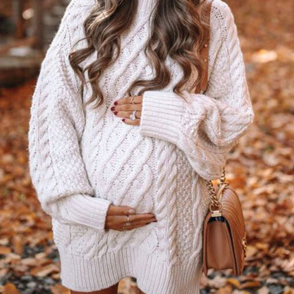 Momsmood White Oversized Cable Knitting Streetwear Mini Maternity Pullover Sweater