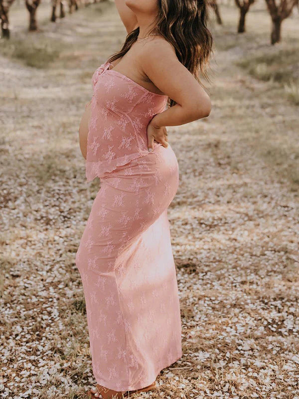 Momsmood 2 Piece Lace Tube Tie Ruffle Elegant Fashion Bodycon Vacation Photoshoot Baby Shower Maternity Maxi Dress