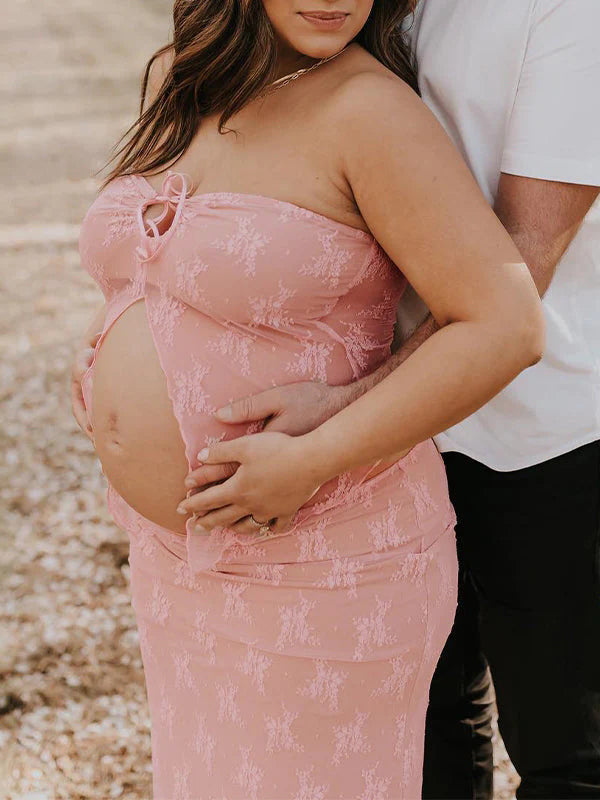 Momsmood 2 Piece Lace Tube Tie Ruffle Elegant Fashion Bodycon Vacation Photoshoot Baby Shower Maternity Maxi Dress