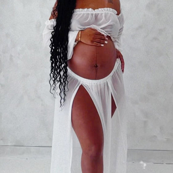 Momsmood Chic White Two Piece Falbala Slits On Both Sides Transparent Off Shoulder Flowy Beach Maternity Photoshoot Maxi Dress