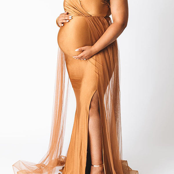 Momsmood Khaki One Shoulder Cut Out Tulle Train Side Slit Plus Size Maxi Maternity Photoshoot Dresses