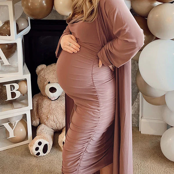 Momsmood Ruched Cowl Neck Two Piece Spaghetti Strap Long Dress And Duster Coat Long Sleeve Babyshower Maternity Maxi Dress