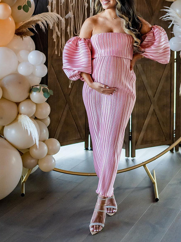 Momsmood Pink Off Shoulder Bandeau Ribbed Pleated Bodycon Puff Sleeve Evening Gown Baby Shower Maternity Maxi Dress