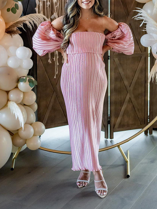 Momsmood Pink Off Shoulder Bandeau Ribbed Pleated Bodycon Puff Sleeve Evening Gown Baby Shower Maternity Maxi Dress