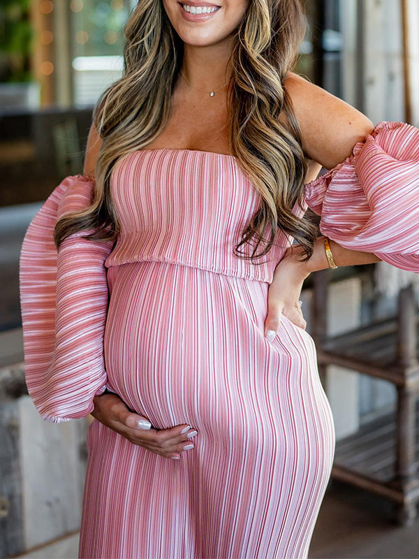 Momsmood Pink Off Shoulder Bandeau Ribbed Pleated Bodycon Puff Sleeve Evening Gown Baby Shower Maternity Maxi Dress
