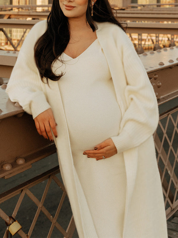 Momsmood White Knitting V-Neck Bodycon Two Pieces Cardigan Elegant Baby Shower Maternity Maxi Sweater Dress
