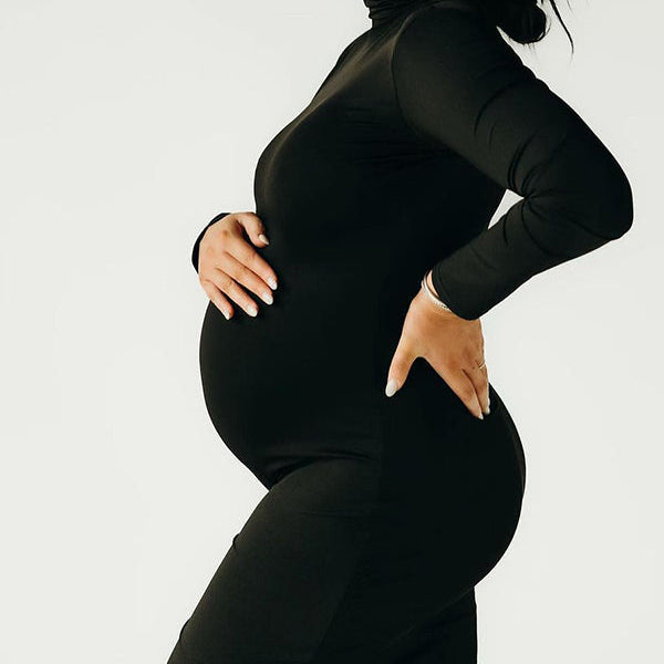 Momsmood Solid Color High Neck Bodycon Mermaid Photoshoot Maternity Maxi Dress