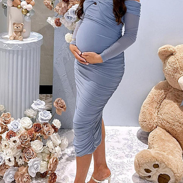 Momsmood Blue Ruched Off Shoulder Cross Chest Bodycon Elegant Wedding Guest Maternity Photoshoot Midi Dress