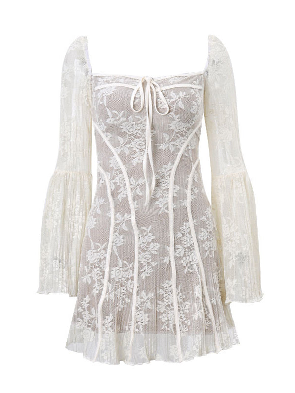 Momsmood White Lace Off Shoulder Bow Drawstring Ruffle Flare Sleeve Baby Shower Maternity Mini Dress