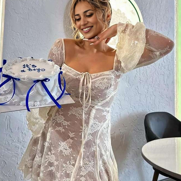 Momsmood White Lace Off Shoulder Bow Drawstring Ruffle Flare Sleeve Baby Shower Maternity Mini Dress