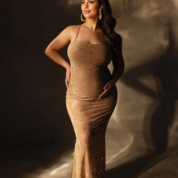 Momsmood Apricot Sheer Rhinestone Diamond Cami Bodycon Fashion Party Club Maternity Photoshoot Baby Shower Maxi Dress