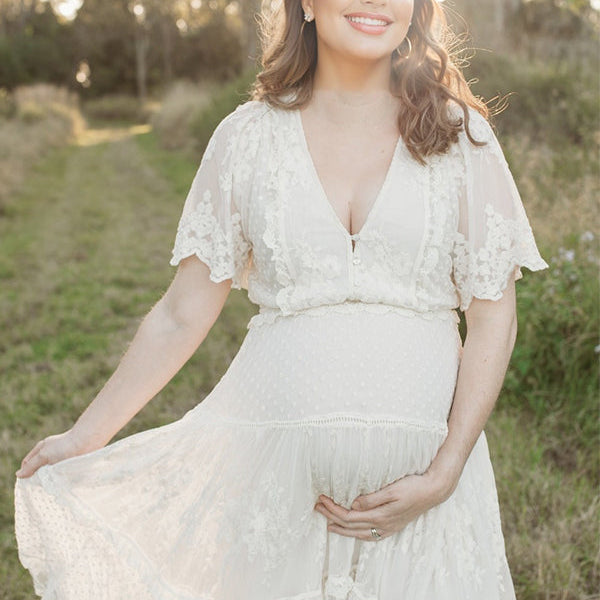 Momsmood Boho Lace White V-Neck Short Sleeve Ruffle Embroidery High Waist Photoshoot Maternity Maxi Dress