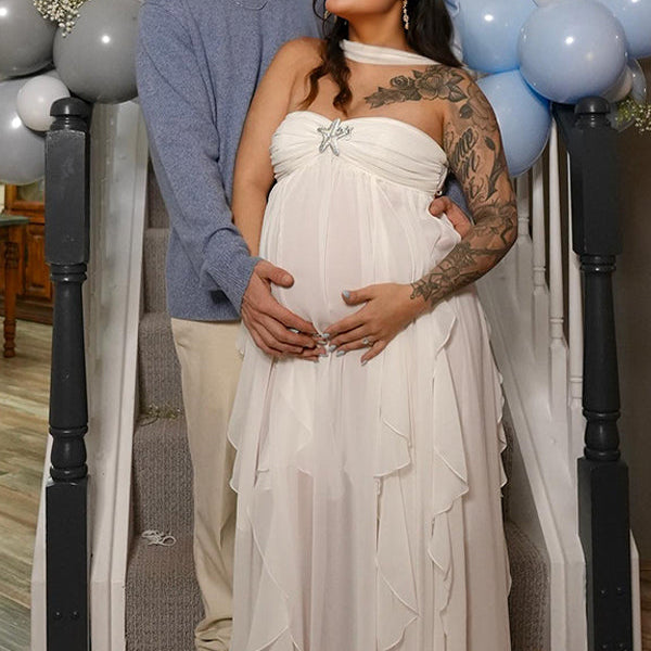 Momsmood White Backless Bandeau Wavy Edge Backless High Waist Baby Shower Maternity Maxi Dress