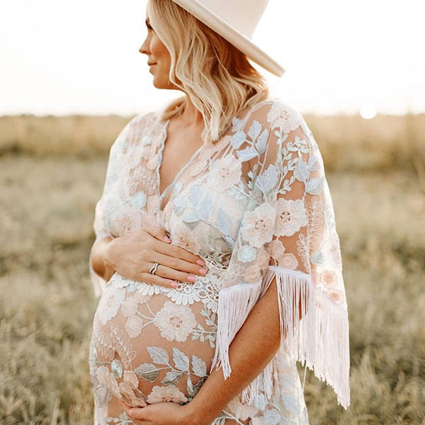 Momsmood Boho Lace Splicing Tassel Embroidery V-Neck Flare Sleeve Sheer Photoshoot Maternity Maxi Dress