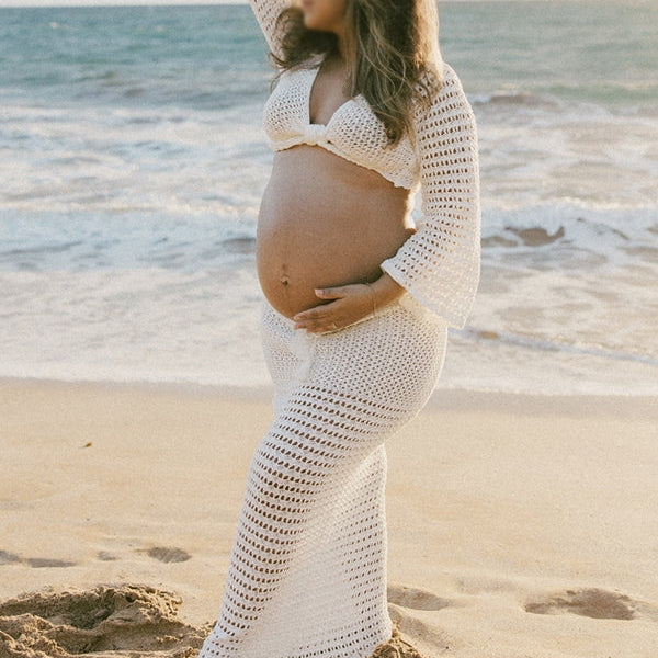 Momsmood White Tie Front Crop V-Neck Crochet Beach Vacation Photoshoot Maternity Maxi Dress