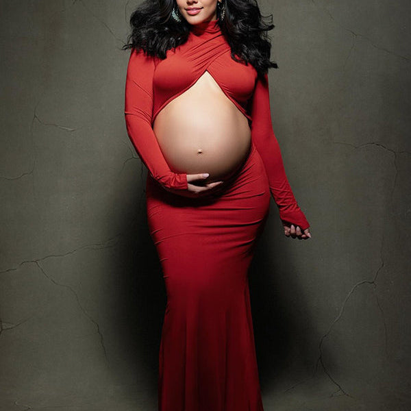 Momsmood Red Cross Front Crop Cut Out Backless Mermaid Bodycon Photoshoot Maternity Maxi Dress