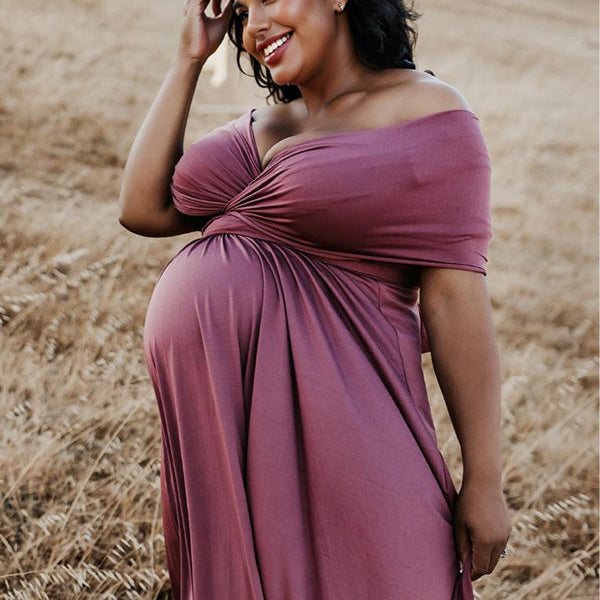 Momsmood Solid Color Backless Tie Back High Waist Photoshoot Maternity Maxi Dress