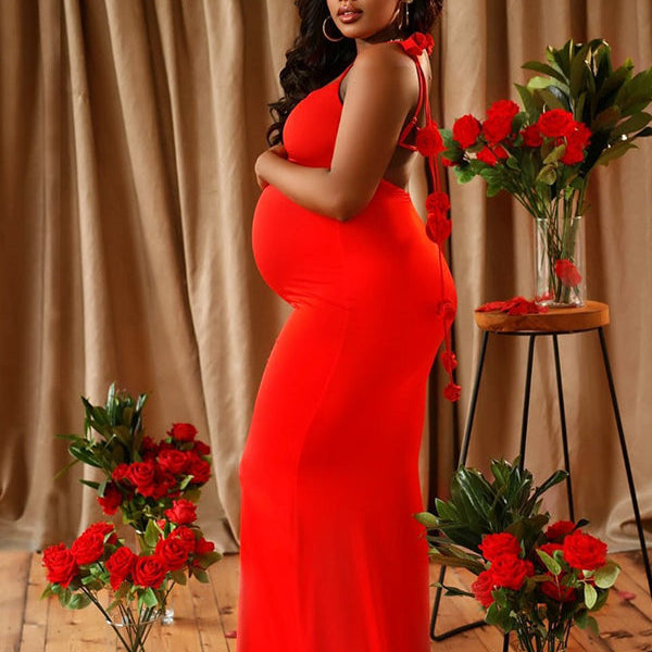 Momsmood Red Backless 3D Flower Cascading Ruffle Spaghetti Strap Cami Mermaid Bodycon Party Photoshoot Maternity Maxi Dress
