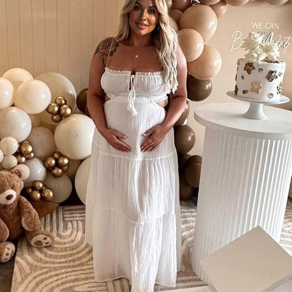 Momsmood Solid Color Ruffle Backless Spaghetti Strap Cut Out Tassel Drawstring Babyshower Maternity Maxi Dress