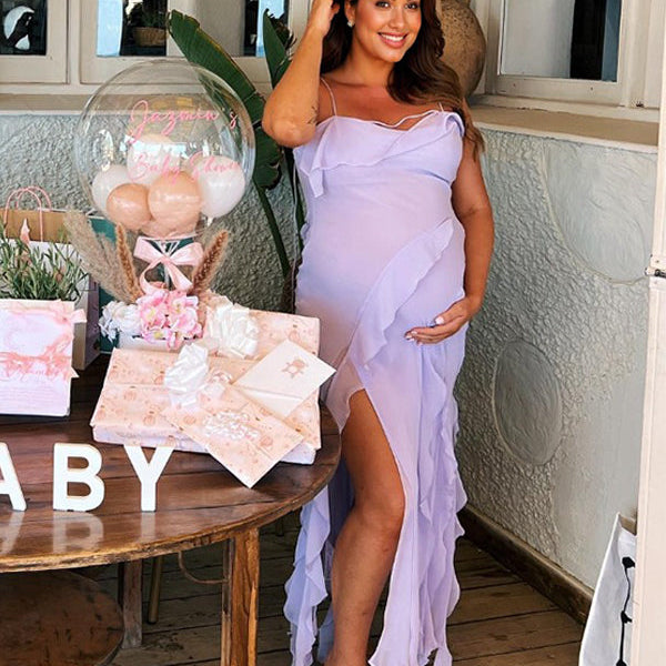 Momsmood Purple Ruffle Side Slit Falbala Cami Backless Elegant Vacation Evening Gown Maternity Photoshoot Baby Shower Maxi Dress