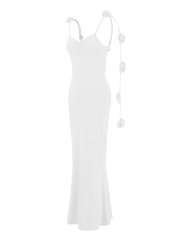 Momsmood White 3D Flowers Cami Backless V-neck Mermaid Evening Elegant Wedding Gown Maternity Photoshoot Baby Shower Maxi Dress