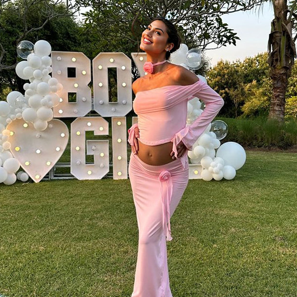 Momsmood Pink 3D Flowers Off Shoulder Ruffle Falbala Draped Two Piece Set Crop Top And Skirt Chic Going Out Vacation Maternity Photoshoot Baby Shower Maxi Dress