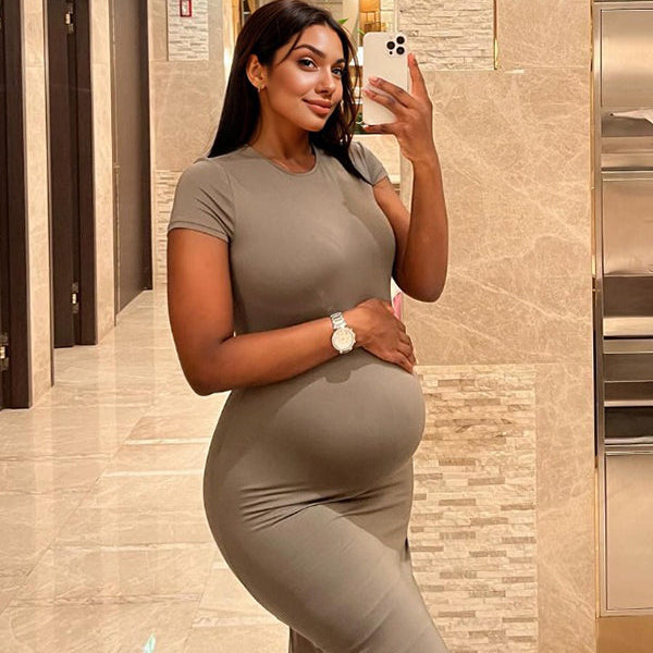 Momsmood Solid Color Round Neck Short Sleeve Bodycon Chic Basic Going Out Daily Maternity Baby Shower Maxi Dress
