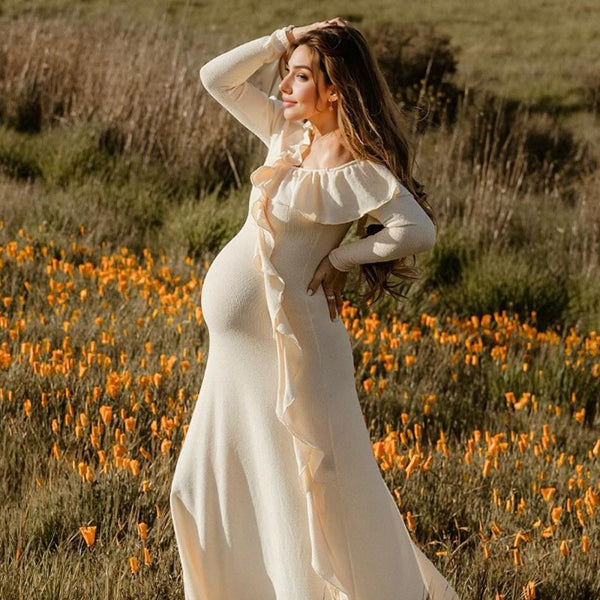Momsmood Apricot Off Shoulder Side Slit Ruffle Falbala Draped Elegant Going Out Maternity Photoshoot Baby Shower Maxi Dress