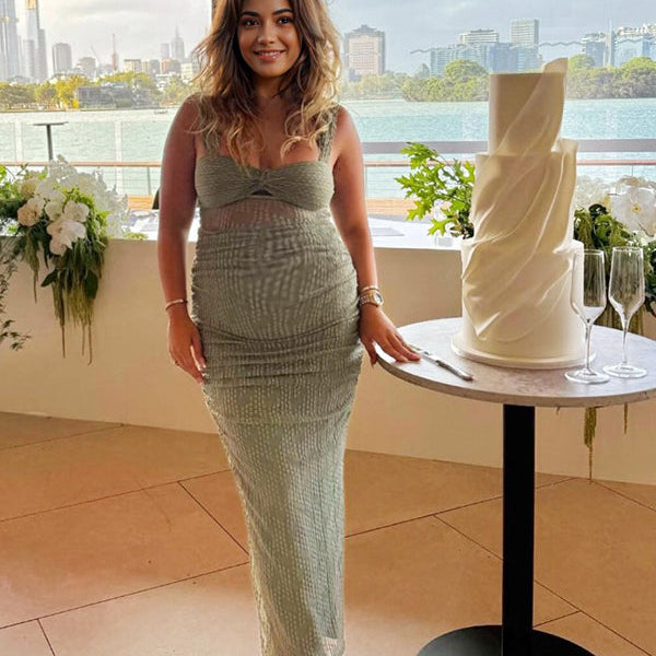 Momsmood Green Lace Cut Out Sheer Tank Bodycon Elegant Cocktail Maternity Photoshoot Baby Shower Maxi Dress