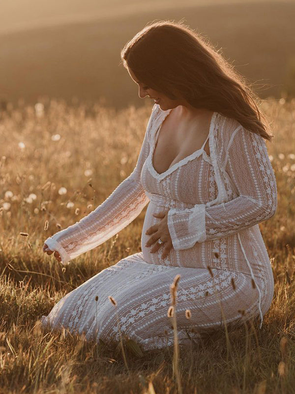 Momsmood Ivory Lace Two Piece Set Side Slit V-neck Cami Maxi Dress And Crop Cardigan Elegant Going Out Maternity Photoshoot Baby Shower Maxi Dress