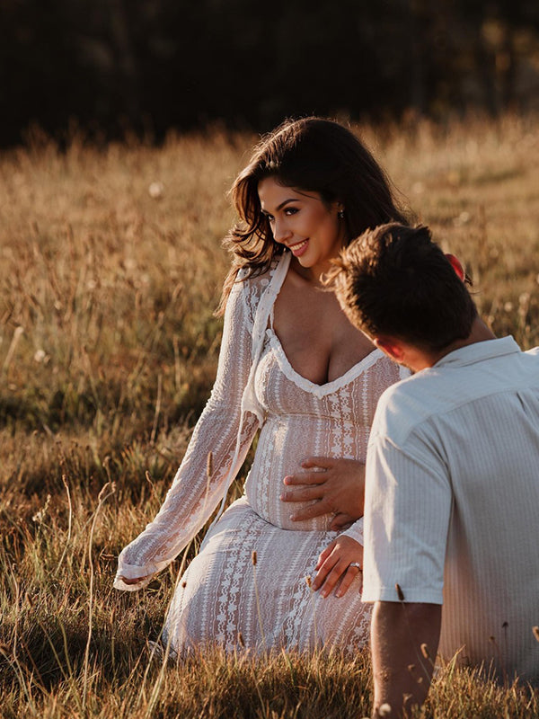 Momsmood Ivory Lace Two Piece Set Side Slit V-neck Cami Maxi Dress And Crop Cardigan Elegant Going Out Maternity Photoshoot Baby Shower Maxi Dress