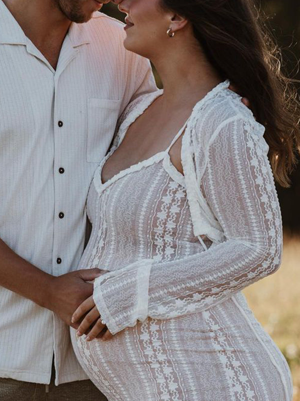 Momsmood Ivory Lace Two Piece Set Side Slit V-neck Cami Maxi Dress And Crop Cardigan Elegant Going Out Maternity Photoshoot Baby Shower Maxi Dress