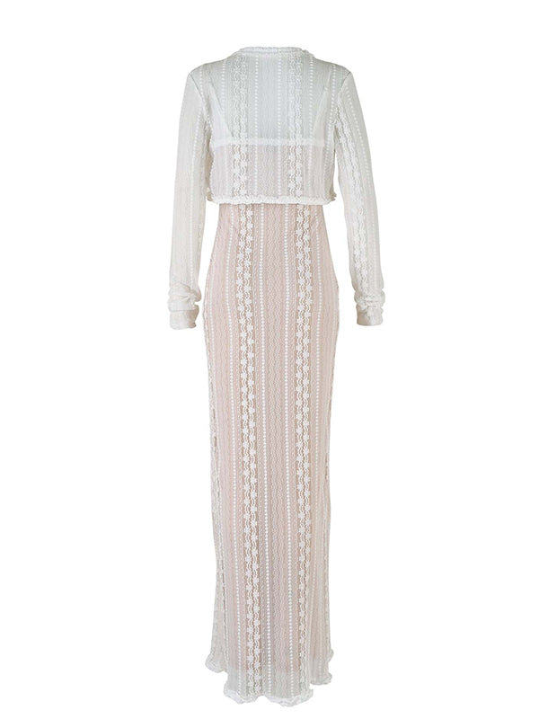 Momsmood Ivory Lace Two Piece Set Side Slit V-neck Cami Maxi Dress And Crop Cardigan Elegant Going Out Maternity Photoshoot Baby Shower Maxi Dress
