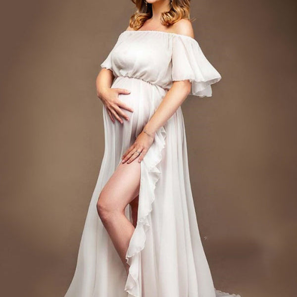 Momsmood Solid Color Off Shoulder Backless Ruffle Side Slit Chiffon Photoshoot Maternity Maxi Dress