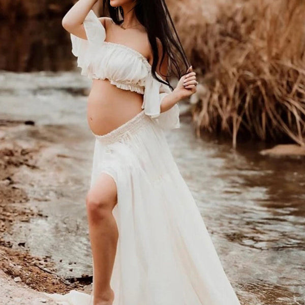 Momsmood Solid Color Bohemian Off Shoulder Backless Ruffle 2-in-1 Crop Cap Sleeve Side Slit Photoshoot Maternity Maxi Dress