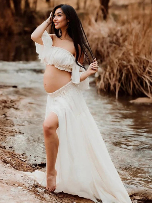 maternity maxi dress photoshoot Bumplook Orange A-Line Ruffle Boho Photoshoot Maternity Maxi Dress