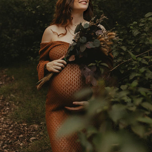 Momsmood Coffee Color V-Neck Knitting Cut Out Beach Vacation Photoshoot Maternity Maxi Dress