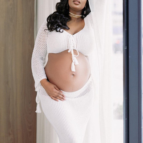 Momsmood White Drawstring Crop Sheer Knitting 2-in-1 Bodycon Mermaid Beach Vacatiom Photoshoot Maternity Maxi Dress