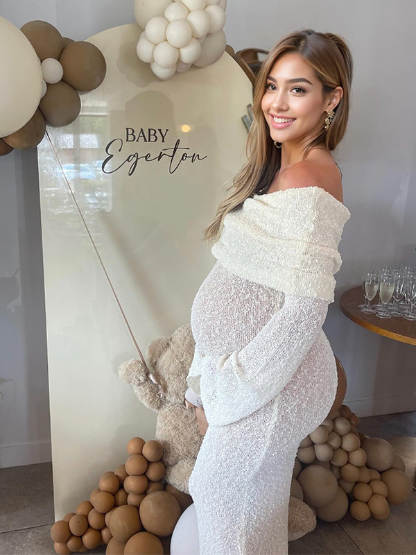 Momsmood Solid Color Off Shoulder Knitwear Bodycon Beach Vacation Dress Baby Shower Maternity Maxi Dress